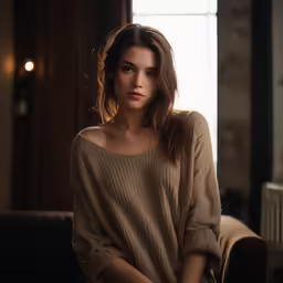 a woman in a brown sweater sitting on a couch