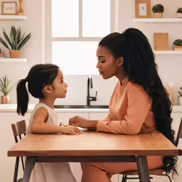 a girl and an adult seated at a table with plants