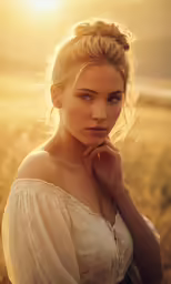 a woman wearing white clothes in the middle of a field