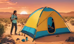 a woman stands next to a tent in the desert,the girl is sitting inside of a tent outside