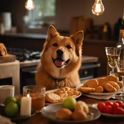 a golden dog sitting next to some foods on a table