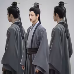 a picture of a person in a gray outfit and wearing a black headpiece and some men are standing,an animation of a man with three other men