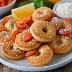 the tray of sesame sprinkled bagels has carrots and ketchup
