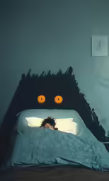 a woman with yellow eyes looking out from a bed