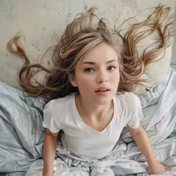 a young girl laying on top of a bed