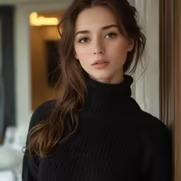 a woman with long brown hair in black turtle neck top