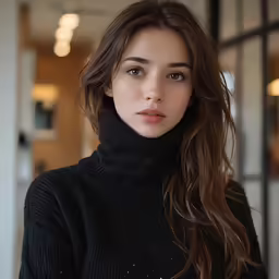 a young woman with long wavy hair and an intense look