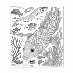 a black and white drawing of fish swimming in the sea