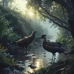 the two birds are standing on the edge of a stream