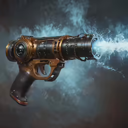 an unusual, golden, gun that is flying in the sky