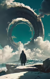 a man standing on rocks looking at an abstract ring