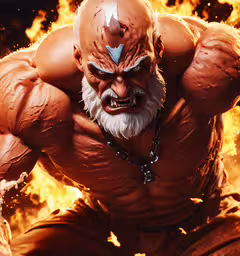 a large man in flames and a helmet with an angry look,the animated thing is a monster in action