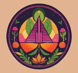 an illustration of triangle, with flowers and leaves,a circular circle shaped graphic with an orange and purple graphic on it