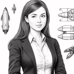 an illustrated woman standing in front of airplanes and jets