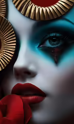 a woman with gold and blue makeup, with flowers