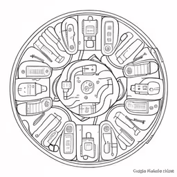 the circular wheel in which different types of cars are arranged,an old black and white drawing of a car
