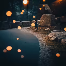 two people who are walking near some lamps