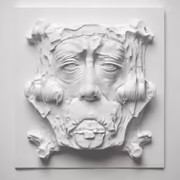 a plaster face on the wall with different types of head parts