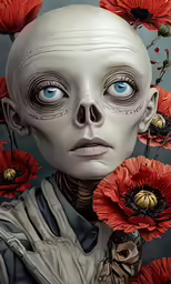 a person with flowers behind them, is depicted in the photo