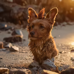 a small brown dog is sitting in a dirt field