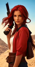 a woman with red hair and brown purse holding a gun