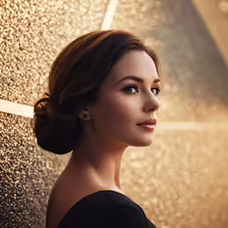 a woman with a ponytail and black dress looking into the distance