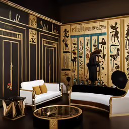 a modern living room is furnished with black and gold furniture