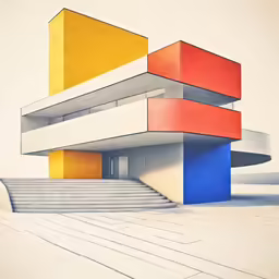 a painting depicting two buildings and stairs in a desert