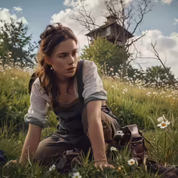 a woman sitting on a field with a camera in her hand
