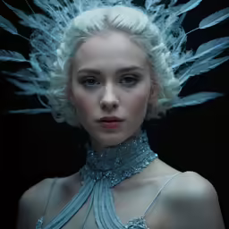 lady with feathers on her head and silver dress on