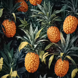 many small pineapples on plants in a tree