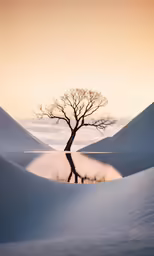 lone tree in snow next to a lake at sunset