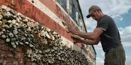 man on top of building pointing at wall covered with shells