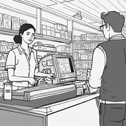 the front desk of a checkout store, while a male is making a payment,a man and woman paying food in a store