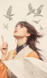 a woman standing with birds surrounding her head