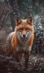 the fox is walking through the snowy woods