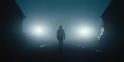 a man standing in the middle of a road near some cars