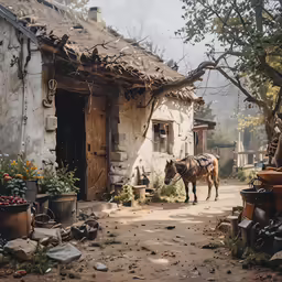 there is a horse standing outside the house