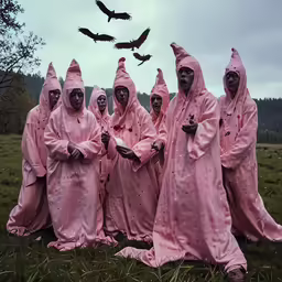 a group of people with pink clothing standing on grass