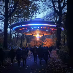a crowd of people walking in the woods underneath an old fashioned flying saucer,a group of people are walking towards an umbrella covered field