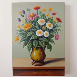 the painting depicts a large, colorful bouquet of flowers in an urn,a painting of flowers in a vase on a table