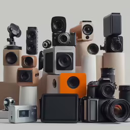 various cameras and equipment arranged together in a pile