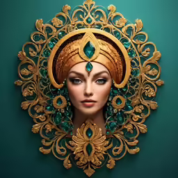 a woman with a gold headdress in green and gold