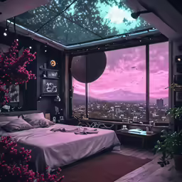 a room with a large window overlooking the city