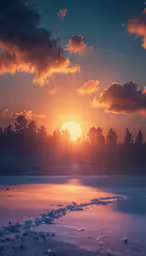 a picture of some trees in the distance during sunset