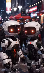 two robots with red eyes standing in the middle of a street