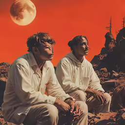 two people sit on rocks in front of a half - moon
