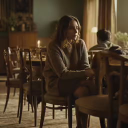 a woman sitting in front of a table next to a candle
