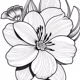 a black and white flower on a white background,a flower with leaves that is very simple and elegant