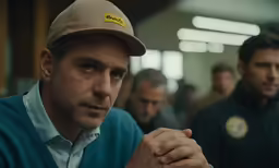 the man is looking at something with a serious look on his face